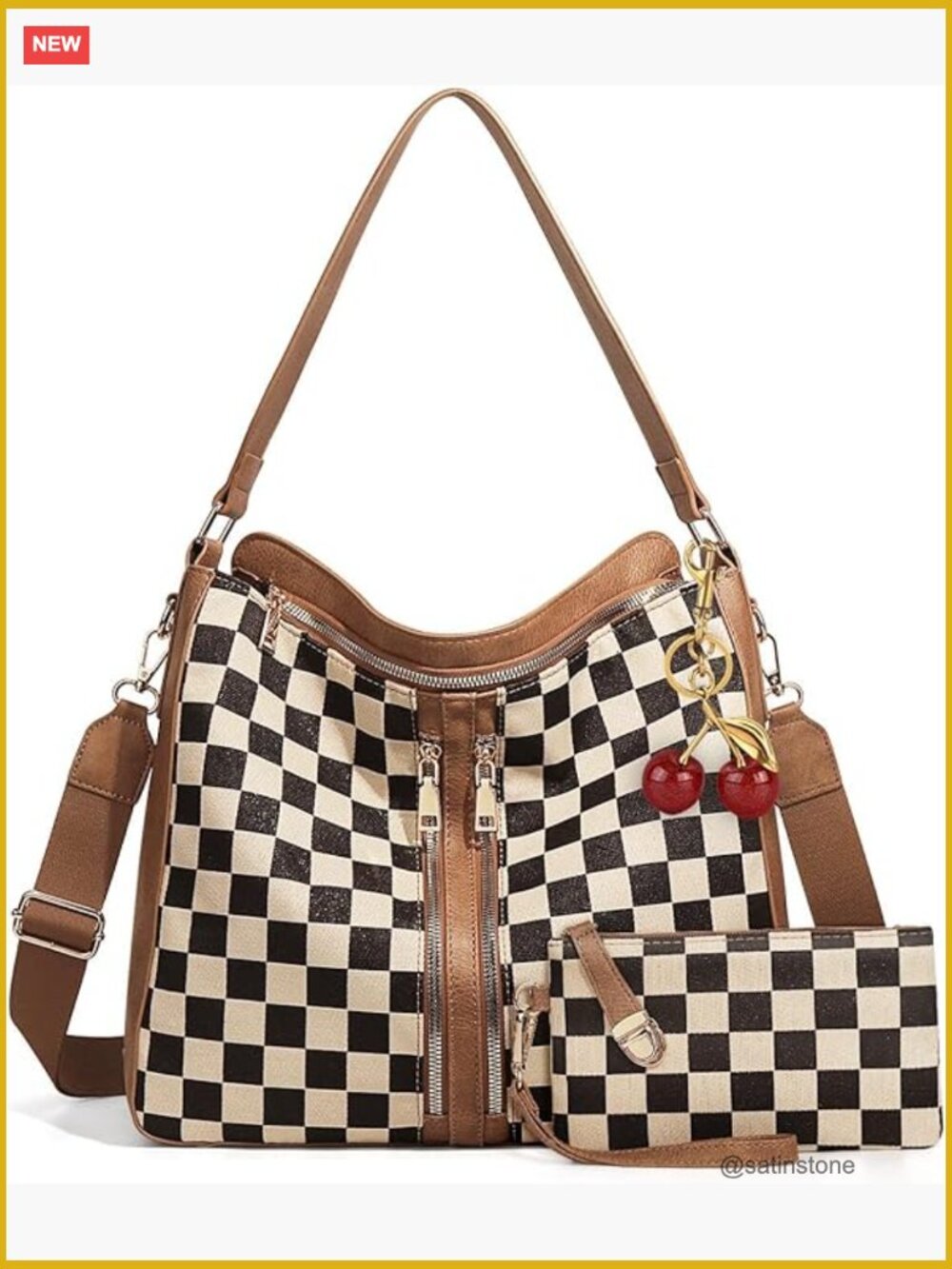Checkered Hobo Handbag with Adjustable Strap, PU Leather + Canvas